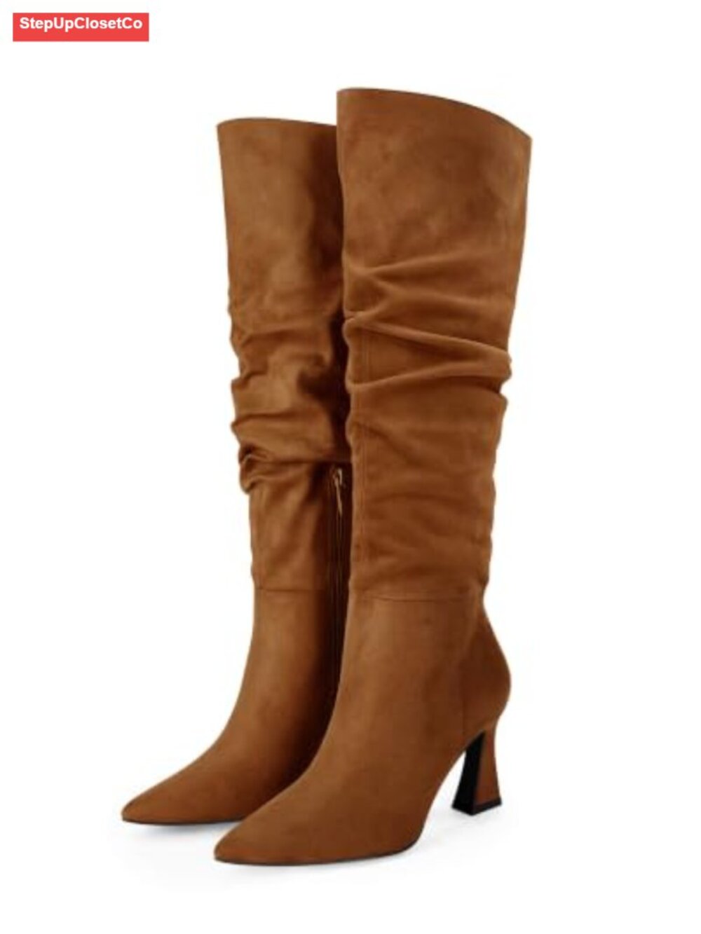 Women's Slouchy Knee High Boots Wide Calf Pointed Toe Side Zipper Chunky Heel